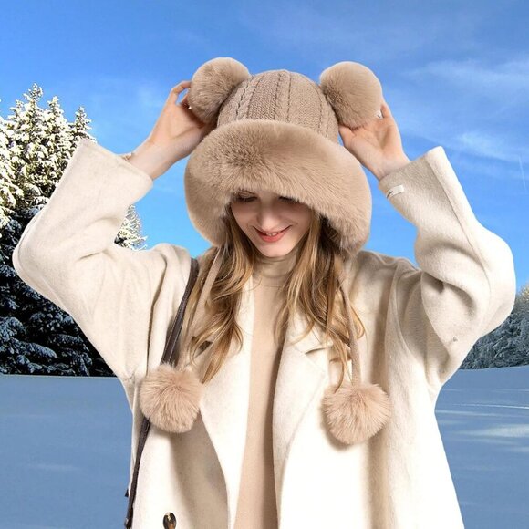 Women Khaki 2Winter Sherpa Beanie Hats Knit Ear Flaps Peruvian Cover Ears